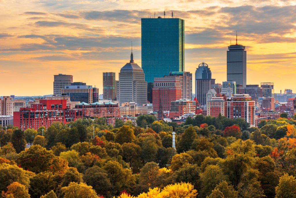 Boston, Massachusetts, USA skyline over Boston Commo